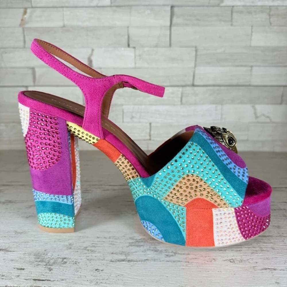 Kurt Geiger London Kensington Glitz Rainbow Rhinestone Platform Sandals SZ 40.5